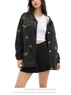 Y2K Rhinestone Butterfly Black Denim Jacket Oversized 2X Indie Sleaze Festival